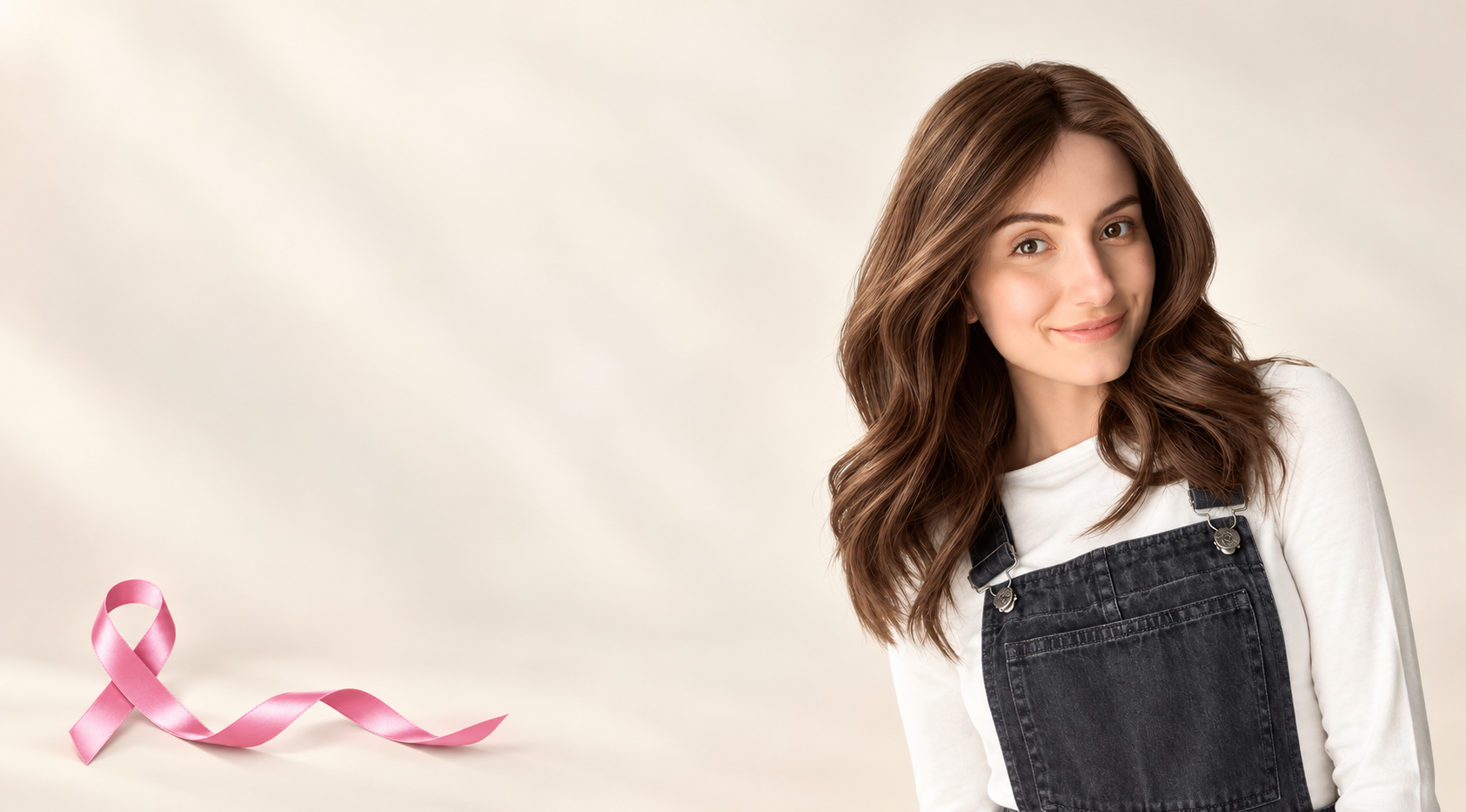 A woman with softly waved brown hair against a warm background with a pink ribbon