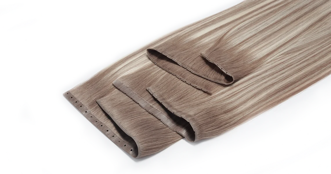 Butterfly weft hair extensions showing their attachment format