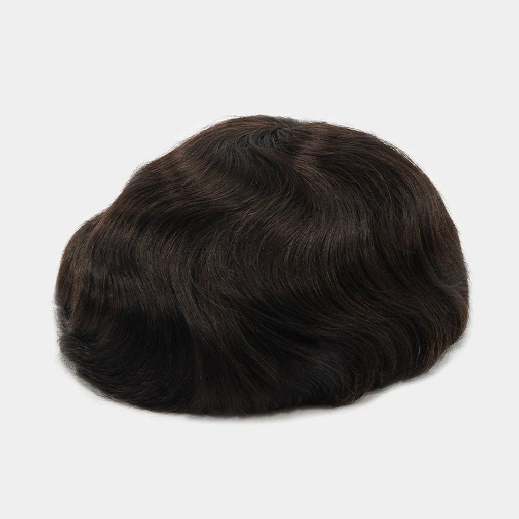 Dark men’s hairpiece styled to show its finished appearance