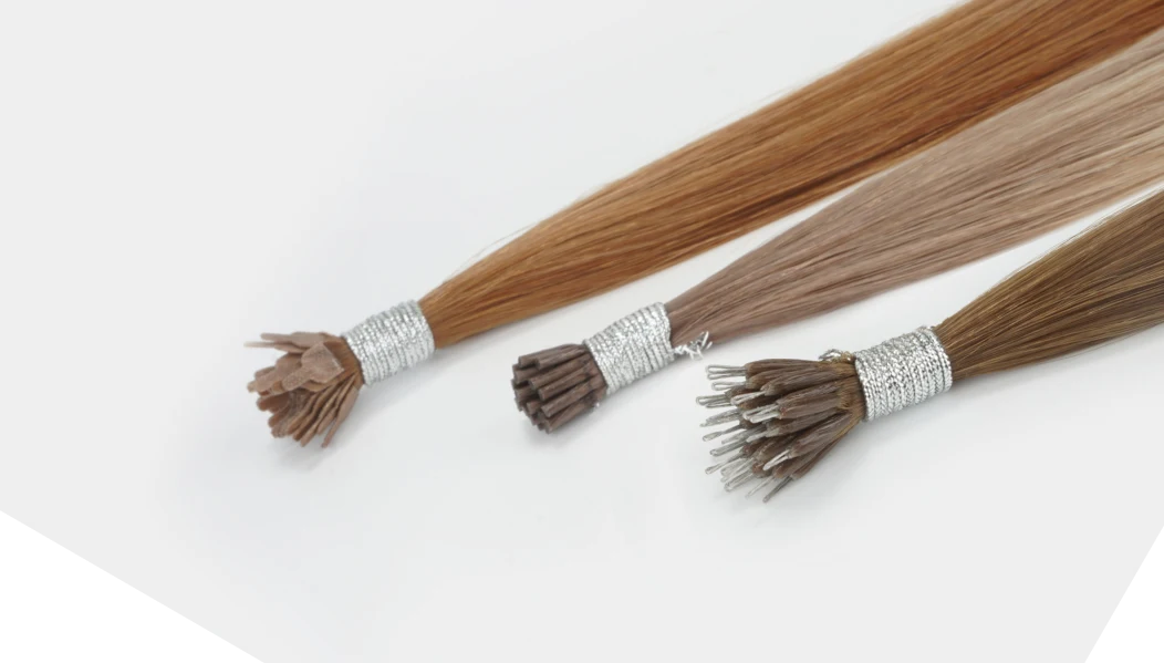 Micro bead hair extensions showing their attachment format