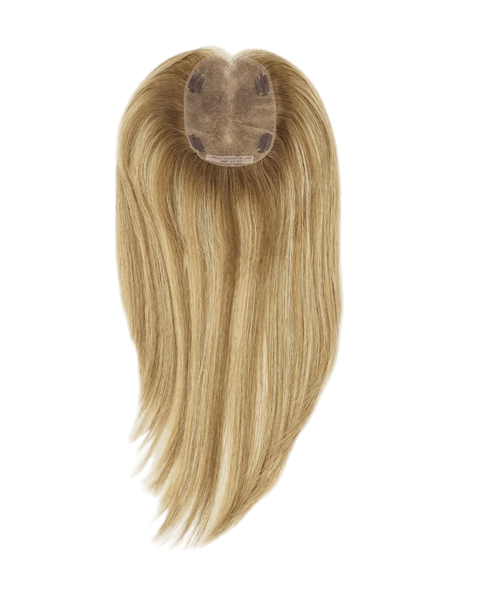 Blonde hair topper with the underside and base visible